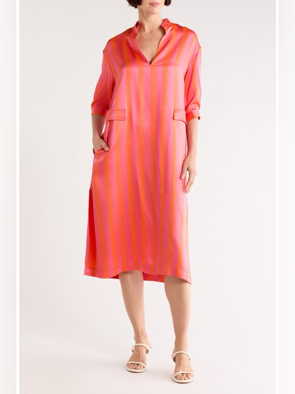 NWT $995 Longchamp Stripe Satin Split Neck Midi Dress